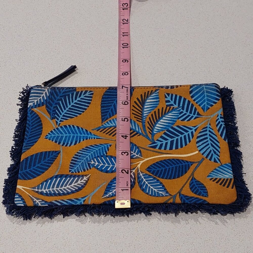 Inouitoosh Paris, France Blue Leaves Fringe Zip Pouch Case - Picture 4 of 11